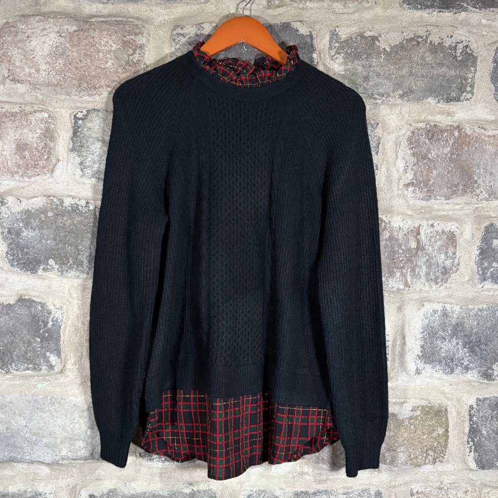 Loft Sweater Medium Black Red Plaid Ruffle Long Sleeve Knit Top‎ Holiday Winter